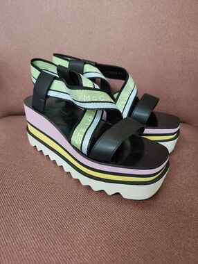 Stella McCartney Sneak-Elyse Striped Crossover Strap Platform Sandals Size 37.5